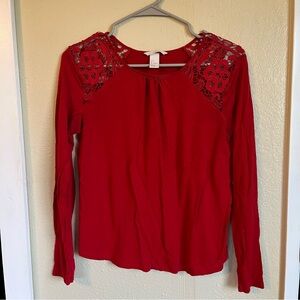H&M Red Long Sleeve Blouse with Lace Relaxed Fit